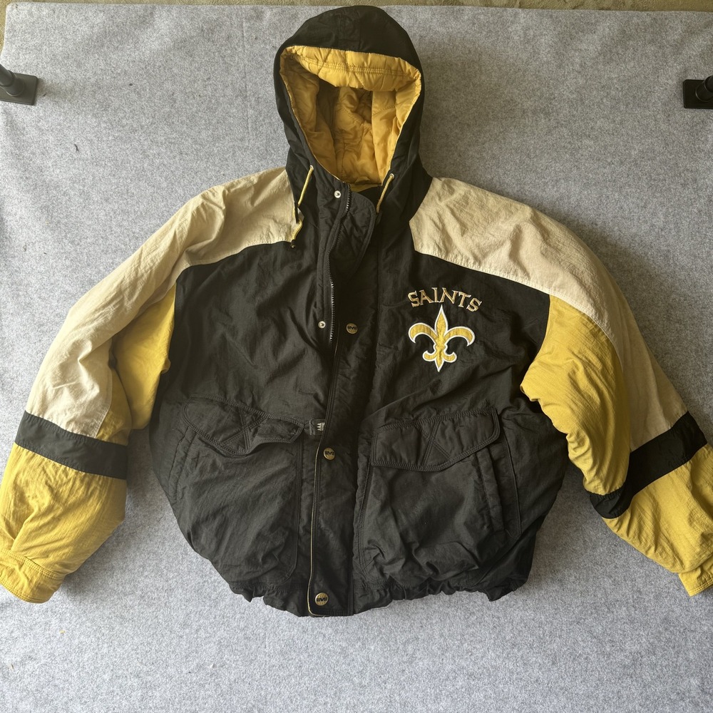 Mirage NFL New Orleans Saints Jacket Large Black Gold Hooded Puffer